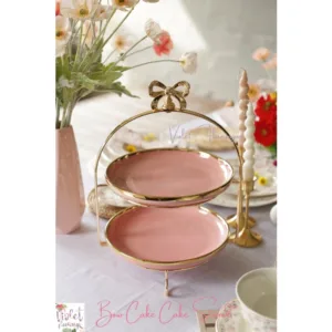Bow Cake Stand ชั้นวางเค้ก 2 ชั้น/ 3 ชั้นโครงสแตนเลสสีทอง มือจับรูปโบว์พร้อมจานเซรามิคขอบทอง