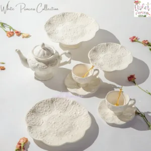 White Princess Collection ชุดน้ำชา จานเซรามิคสีขาวสไตล์เจ้าหญิง จานสีขาวสลักลาย จานขนม