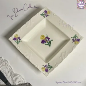 Iris Bloom Plate จาน ถ้วยเซรามิคลายดอกไอริส จานสีครีมลายดอกไม้สีม่วงเหลือง เข้าไมโครเวฟได้